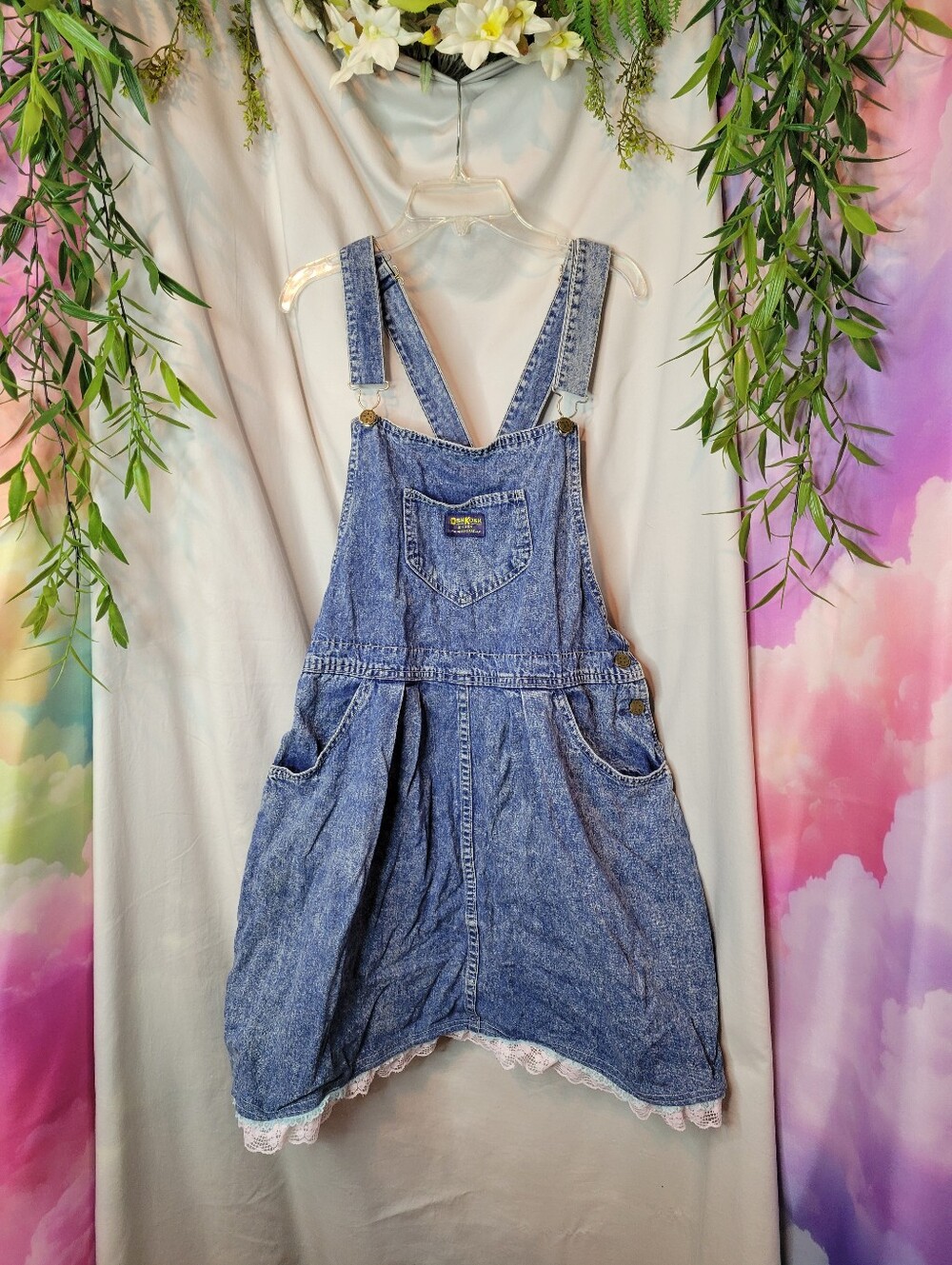 Cutey Denim Overall Dress w/ Pastel Lace Trim! Size Altered, Please Read.